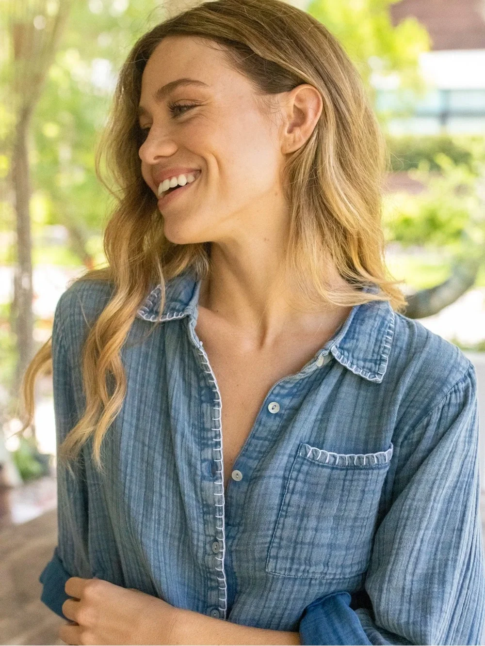 Natural Life Lola Tie Cotton Button Down shirt crinkled gauze Stitch Denim XL - Picture 3 of 11